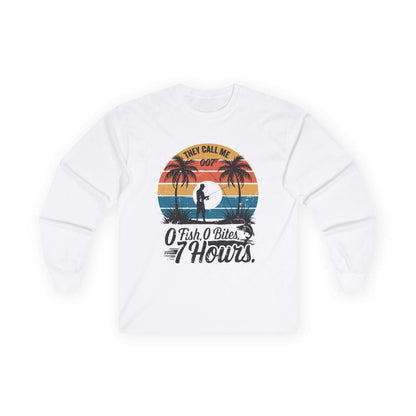 Retro funny fishing quote long sleeve shirt with palm trees and text 'They call me 007 0 Fish 0 Bites 7 Hours' for fishing enthusiasts.