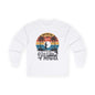 Retro funny fishing quote long sleeve shirt with palm trees and text 'They call me 007 0 Fish 0 Bites 7 Hours' for fishing enthusiasts.