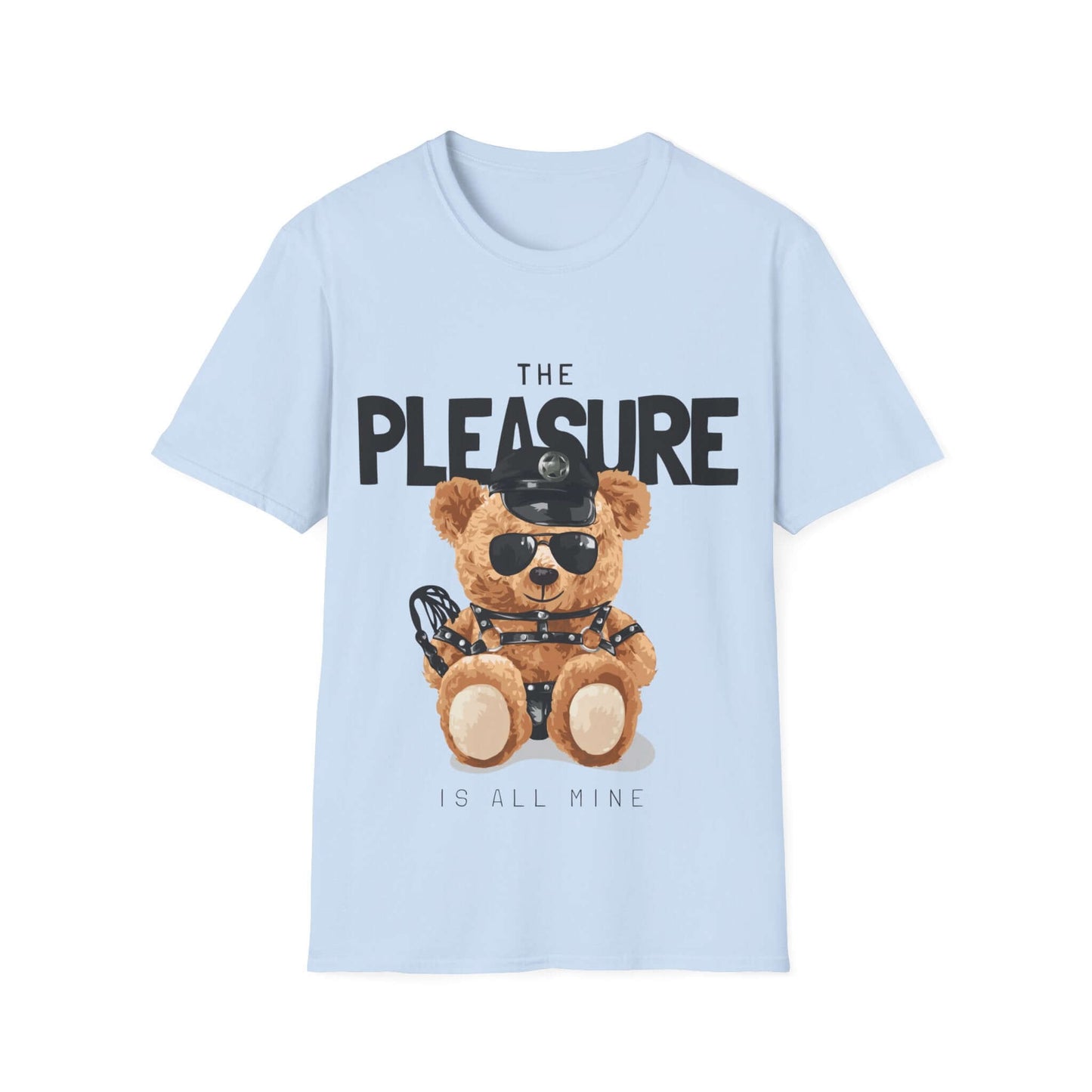 Playful teddy bear graphic shirt featuring 'The Pleasure Is All Mine' design on a light blue t-shirt.