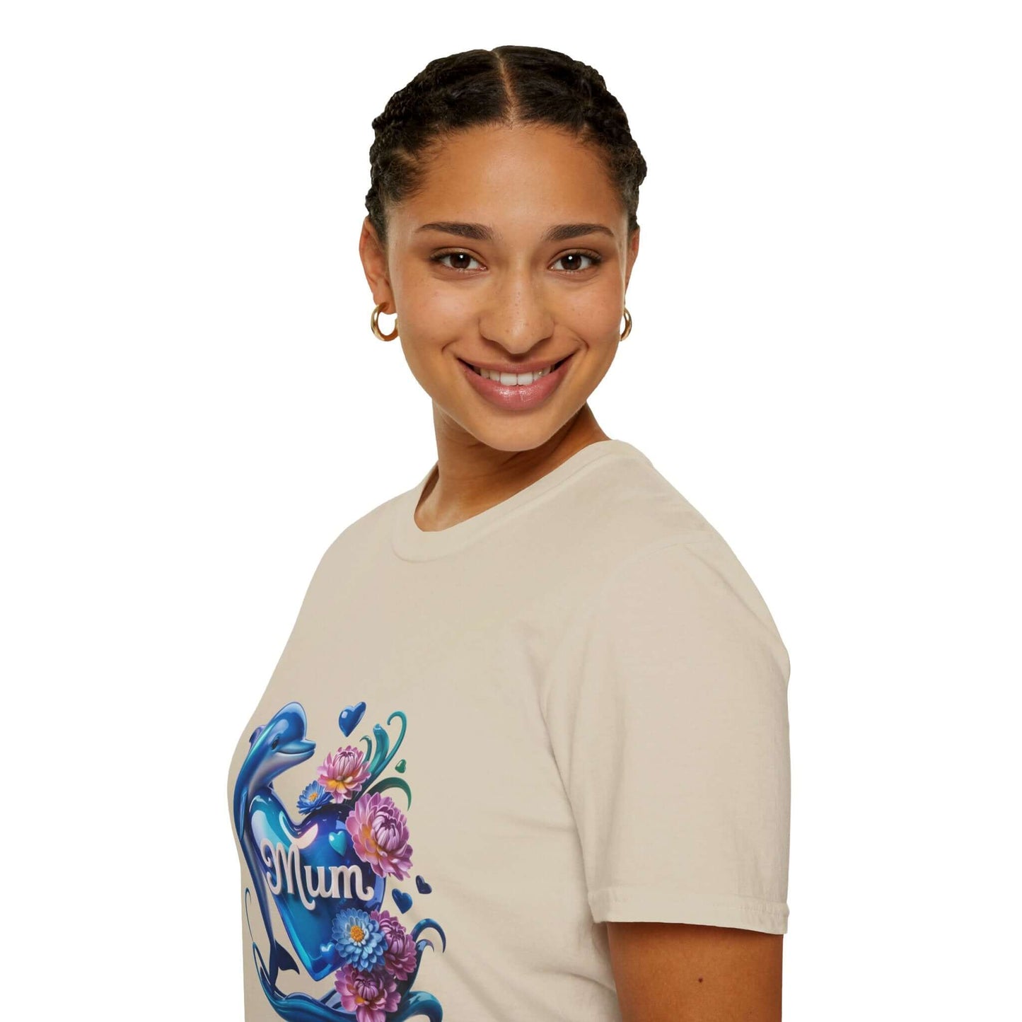 Woman smiling in a Dolphin Heart Mum T-Shirt, showcasing a cute dolphin design with flowers, perfect for Mother's Day.