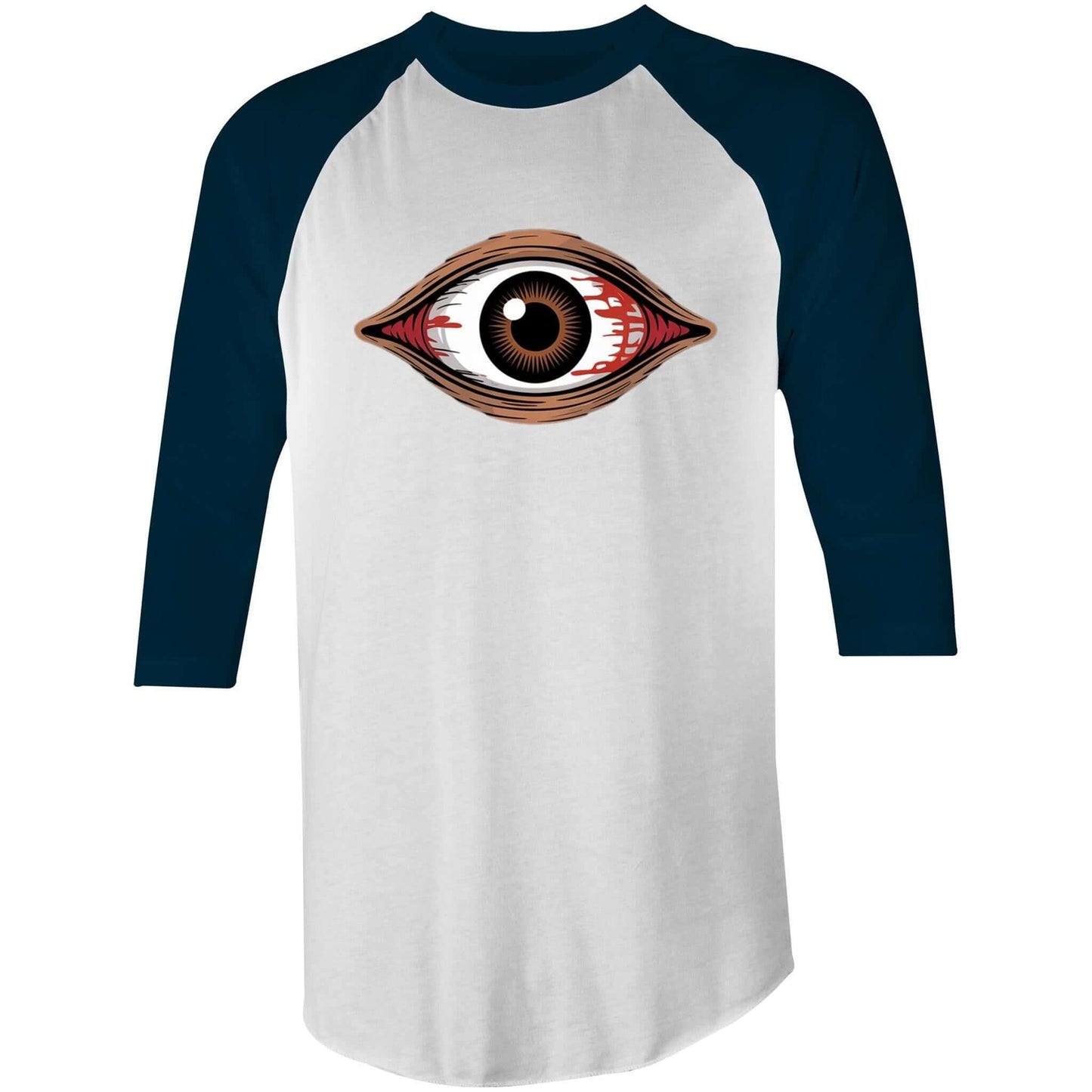 Unisex Bloody Brown Eye 3/4 sleeve t-shirt, perfect for music festivals and Halloween, shown with unique design.