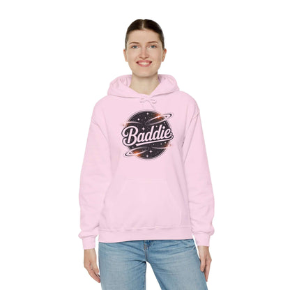 Light Pink hoodie with 'Baddie' universe retro design, perfect for trendy casual wear.