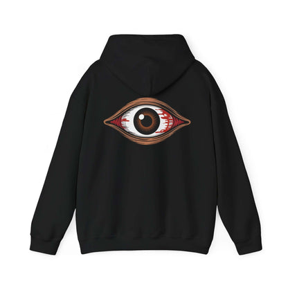 Bloody brown eye hoodie design on a black unisex sweatshirt, perfect for music festivals and Halloween.