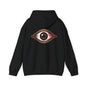 Bloody brown eye hoodie design on a black unisex sweatshirt, perfect for music festivals and Halloween.