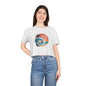 Ladies Crop Top featuring a retro big wave surf design with 'Gnarly Vibes' and a sunset beach backdrop.