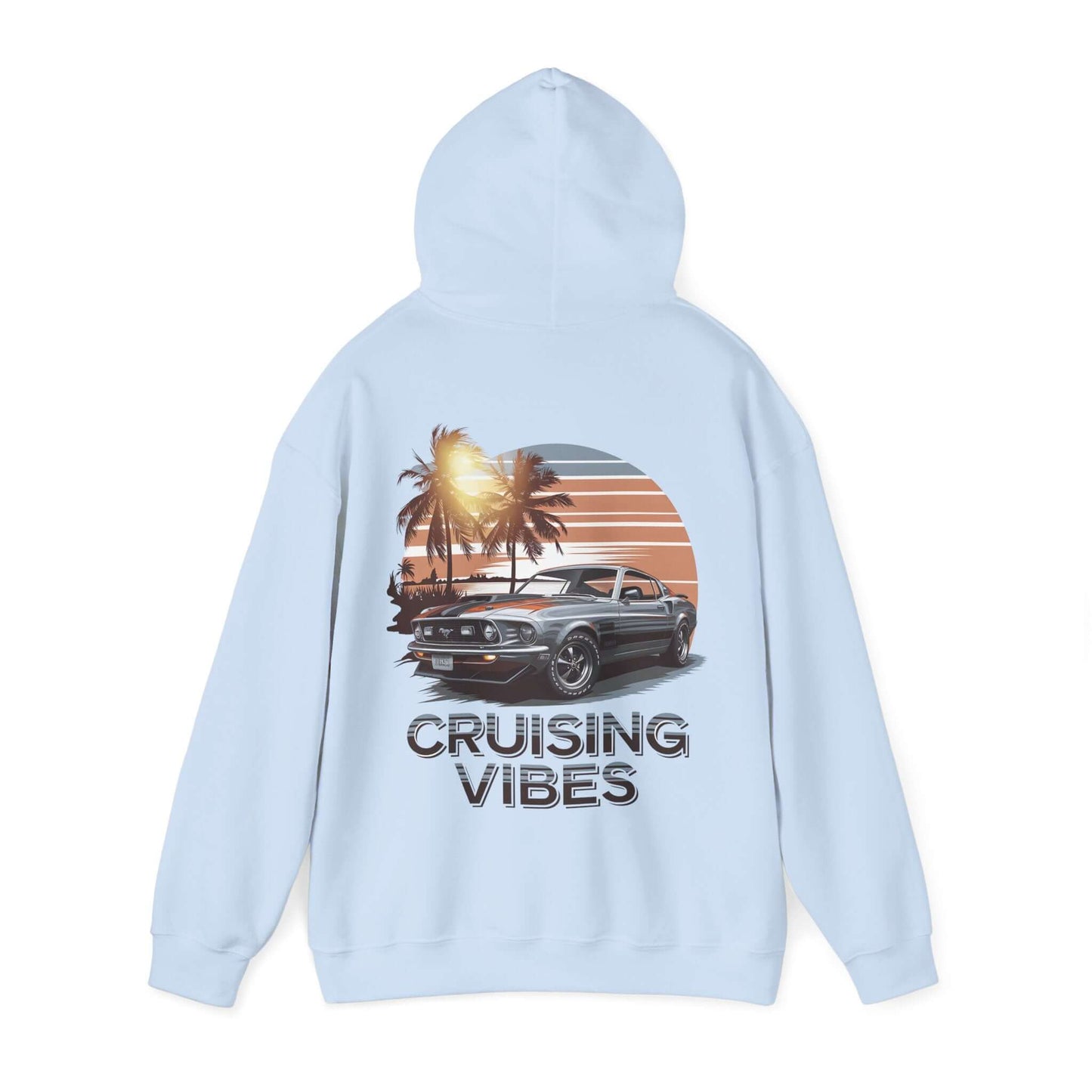 Cruising Vibes hoodie with retro sunset beach design and American muscle car, perfect for laid-back car lovers.
