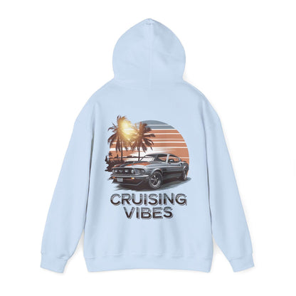 Cruising Vibes hoodie with retro sunset beach design and American muscle car, perfect for laid-back car lovers.