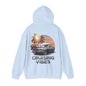 Cruising Vibes hoodie with retro sunset beach design and American muscle car, perfect for laid-back car lovers.