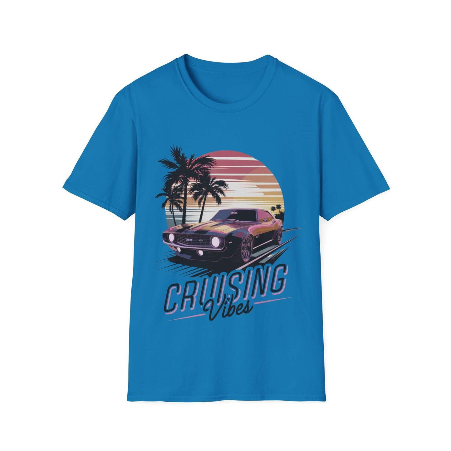 Vintage muscle car sunset T-shirt in blue featuring 'Cruising Vibes' text and palm trees for a retro look.