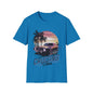 Vintage muscle car sunset T-shirt in blue featuring 'Cruising Vibes' text and palm trees for a retro look.