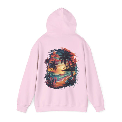 Hooded sweatshirt featuring tropical sunset beach design with palm trees, perfect for summer vibes and coastal fashion.