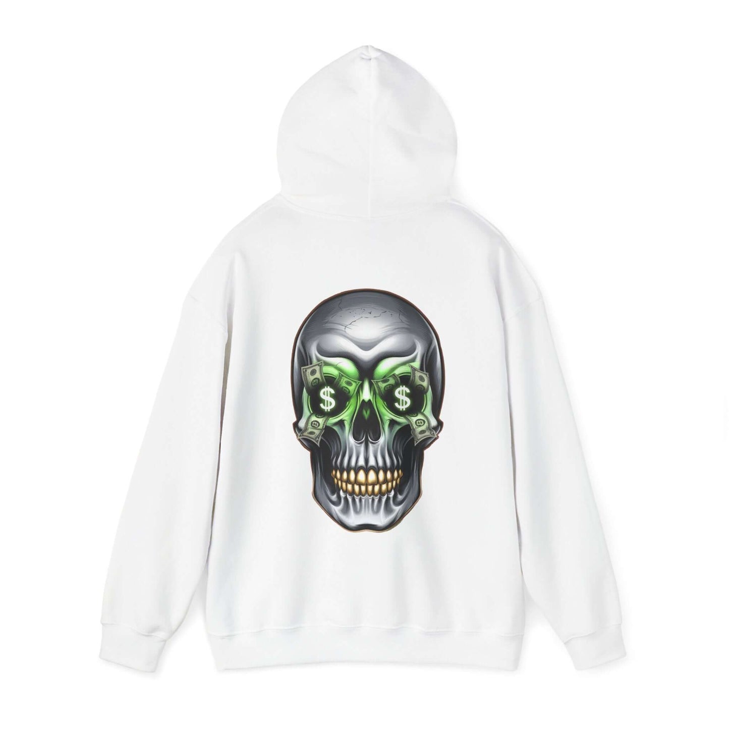 Unisex white hoodie featuring a cool skull design with dollar bills and money symbols for an edgy streetwear vibe.