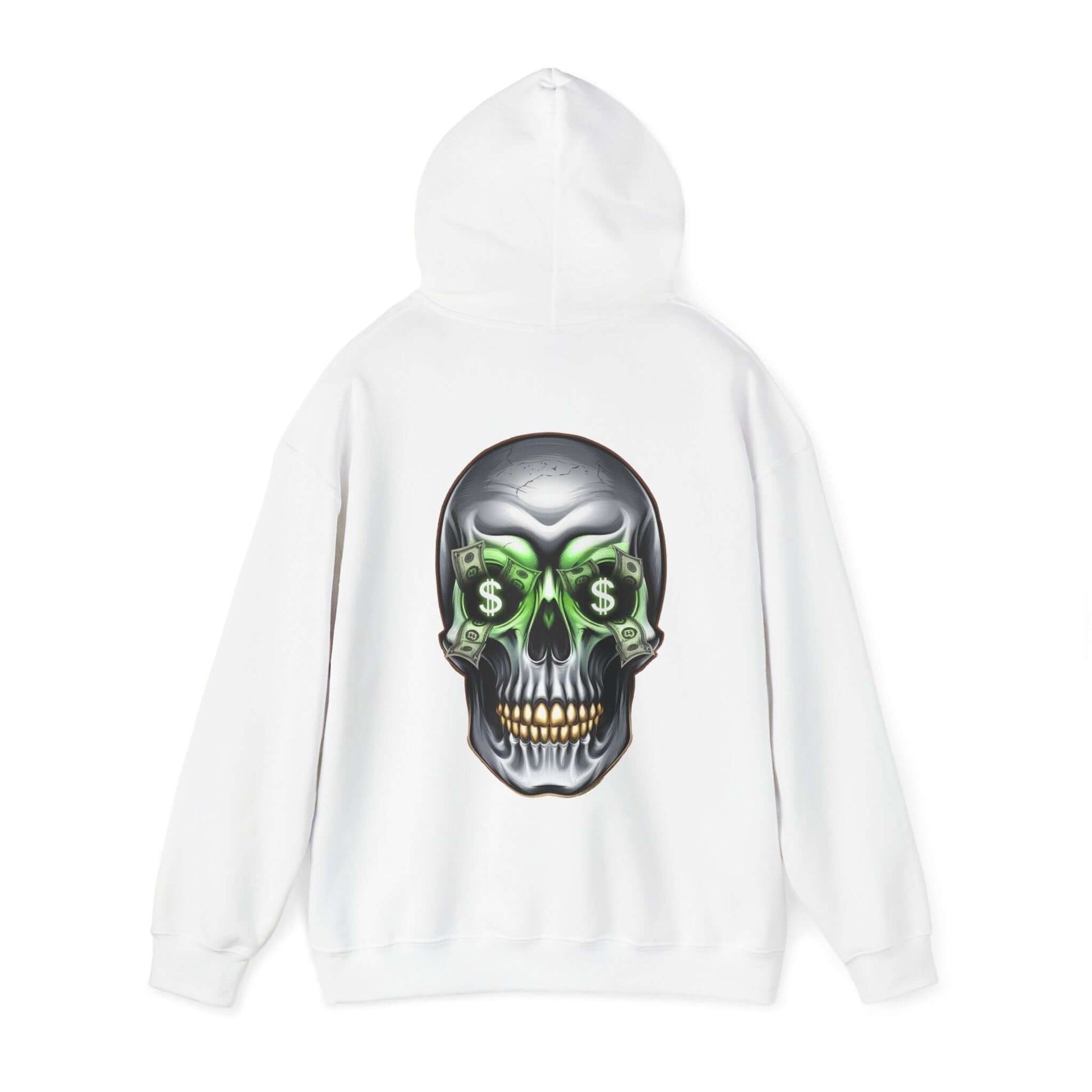 Unisex white hoodie featuring a cool skull design with dollar bills and money symbols for an edgy streetwear vibe.