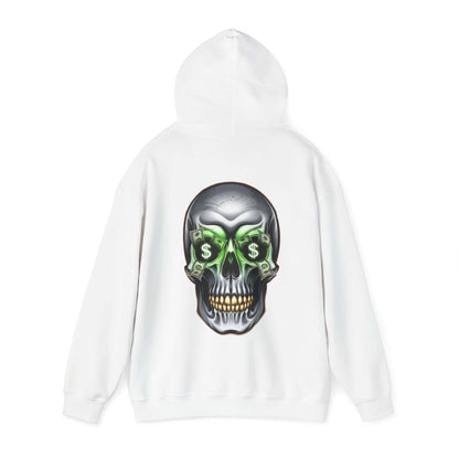 Unisex white hoodie featuring a cool skull design with dollar bills and money symbols for an edgy streetwear vibe.
