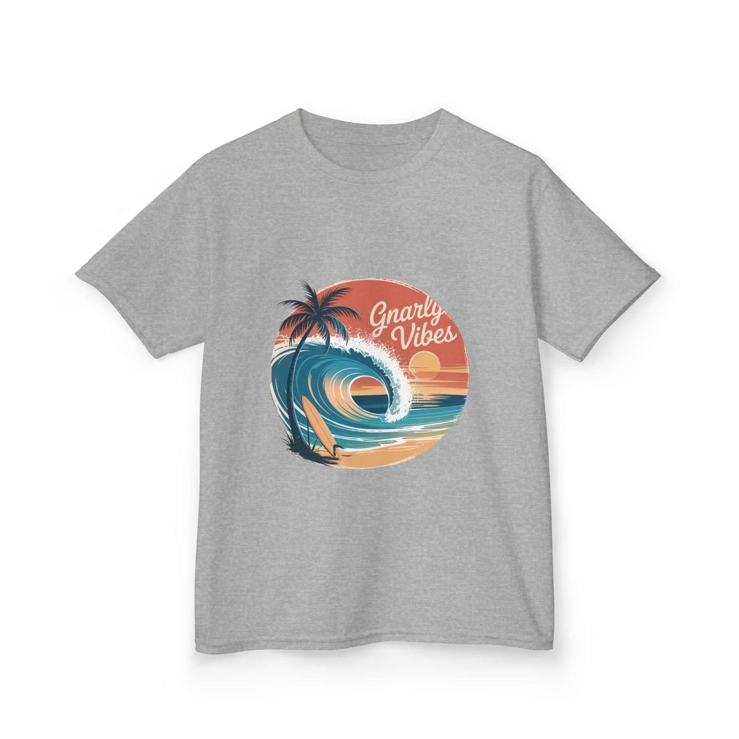 Kids grey tee shirt featuring a retro big wave surf design with 'Gnarly Vibes' and sunset beach graphics.