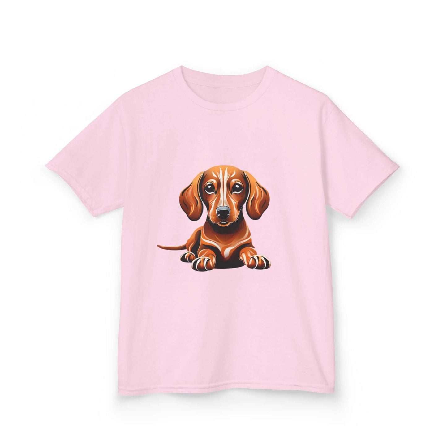 Tan Dachshund puppy - Sausage dog graphic on light pink Kid's T-shirt, perfect for dog lovers and infants.