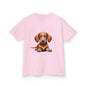 Tan Dachshund puppy - Sausage dog graphic on light pink Kid's T-shirt, perfect for dog lovers and infants.