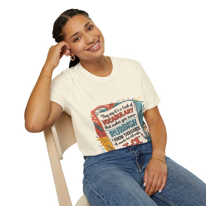 Unisex T-shirt with a humorous quote, featuring a teacher pointing at colorful graphic, perfect for educators and comedy lovers.