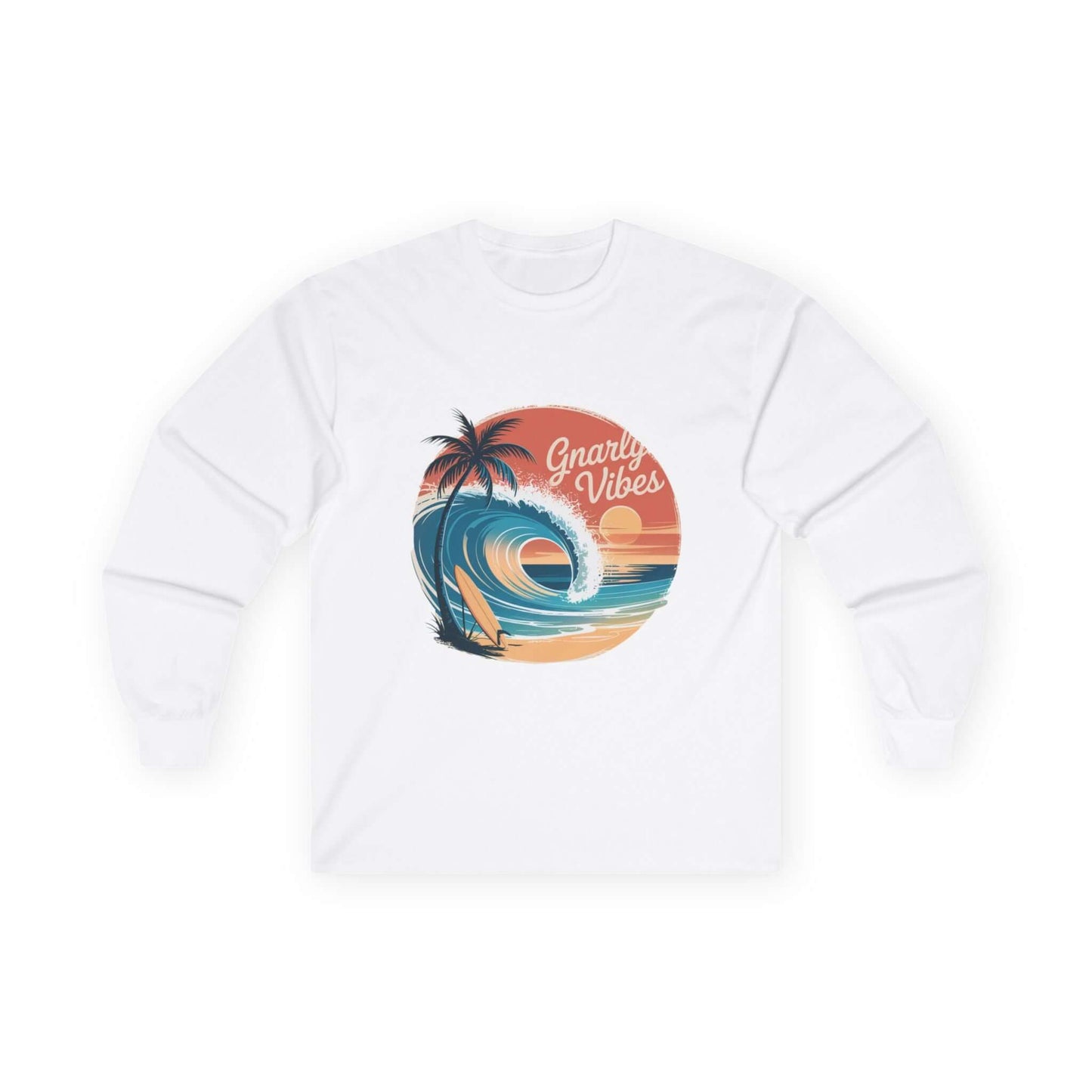Vintage sunset beach long sleeve tee with big wave and tropical sunset design, perfect for surf culture and gnarly vibes.