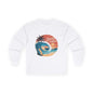 Vintage sunset beach long sleeve tee with big wave and tropical sunset design, perfect for surf culture and gnarly vibes.