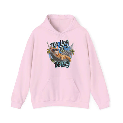 Light pink hoodie with lazy cat at beach design and text 'Too Lazy to be Lazy', relaxed vibe for summer fun.