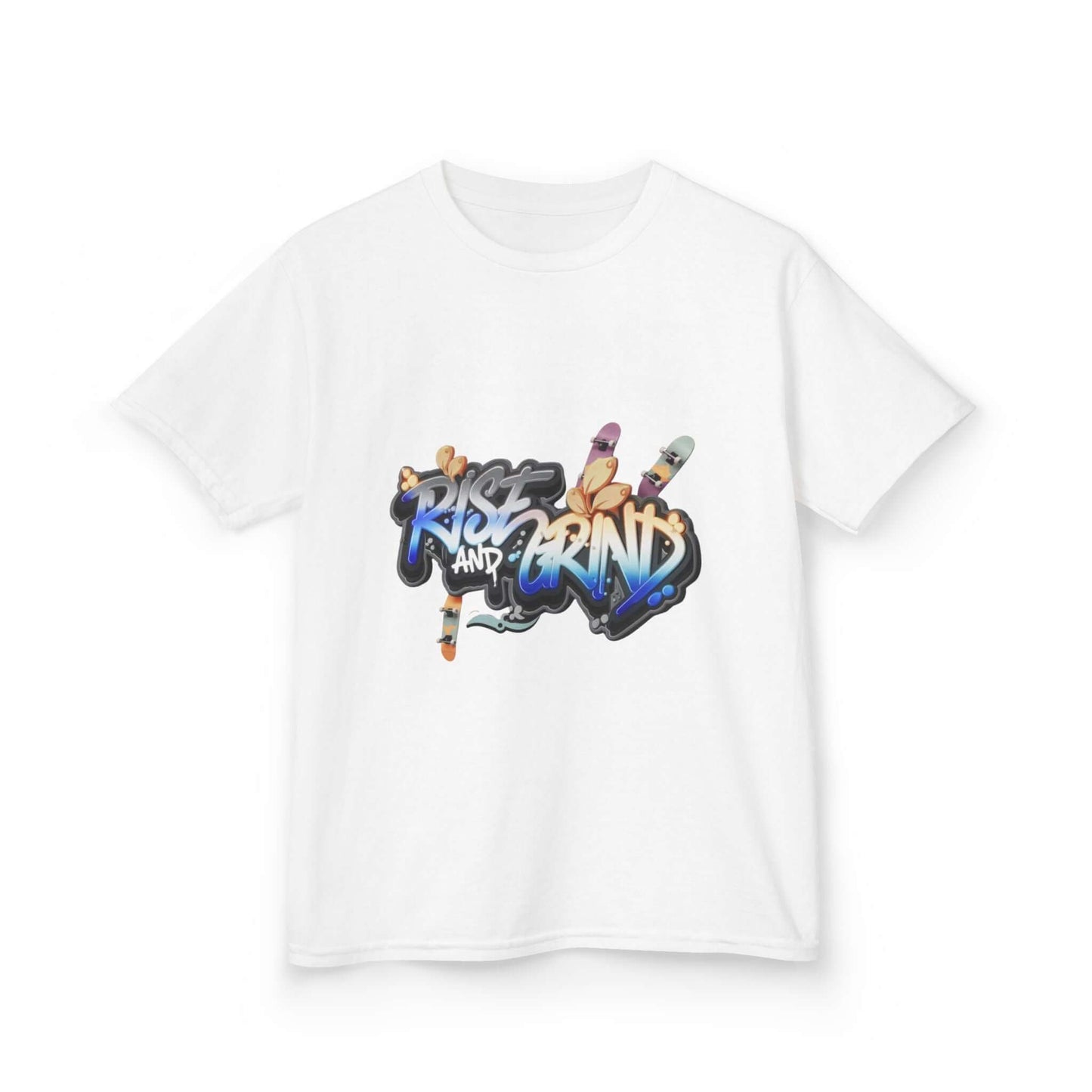 Unisex white kid's Tee with graffiti design 'Rise and Grind', featuring skateboards and an urban vibe.