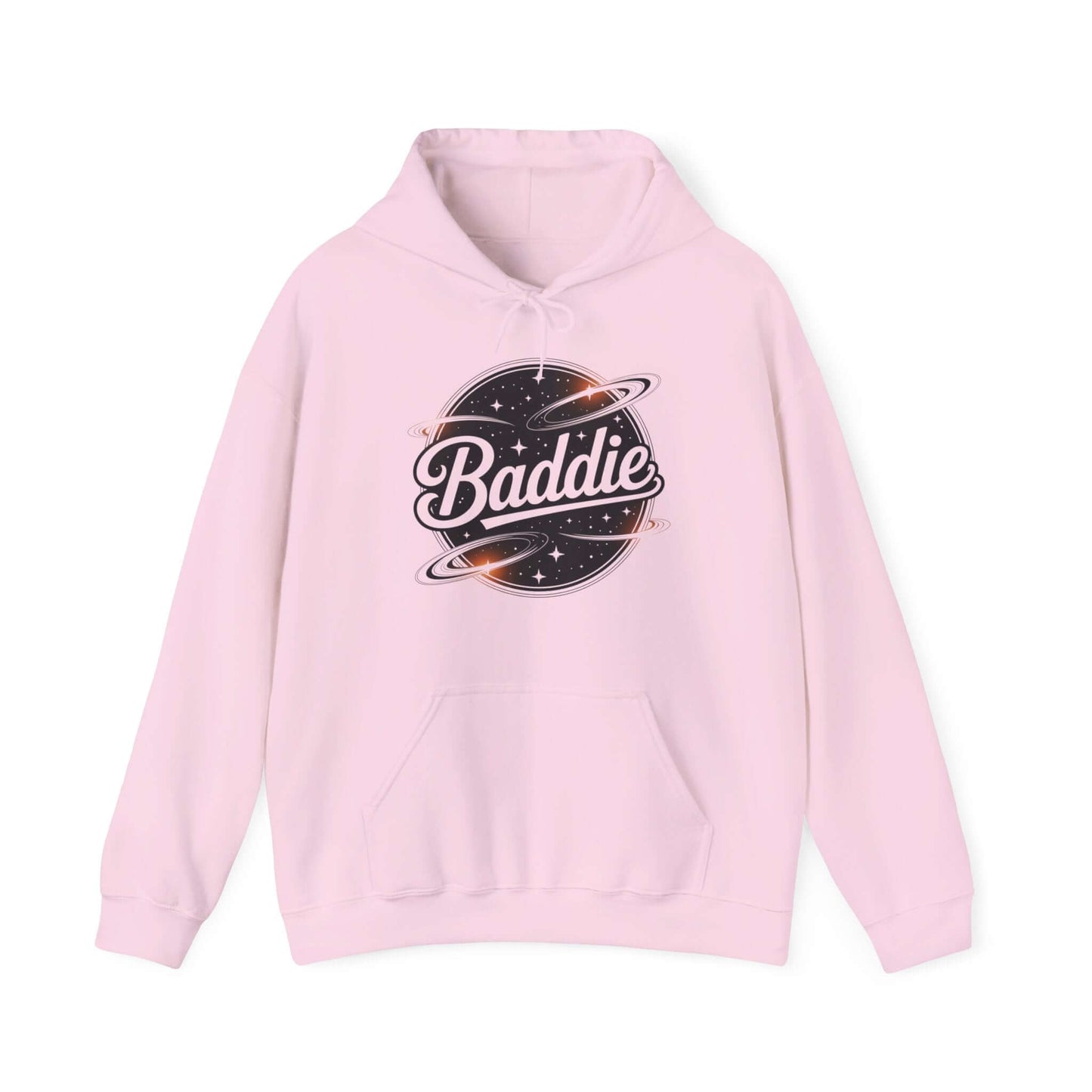 Light Pink hooded jumper featuring retro 'Baddie' universe design with kangaroo pocket, perfect for trendy casual wear.