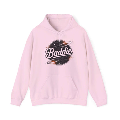 Light Pink hooded jumper featuring retro 'Baddie' universe design with kangaroo pocket, perfect for trendy casual wear.