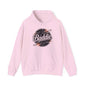 Light Pink hooded jumper featuring retro 'Baddie' universe design with kangaroo pocket, perfect for trendy casual wear.