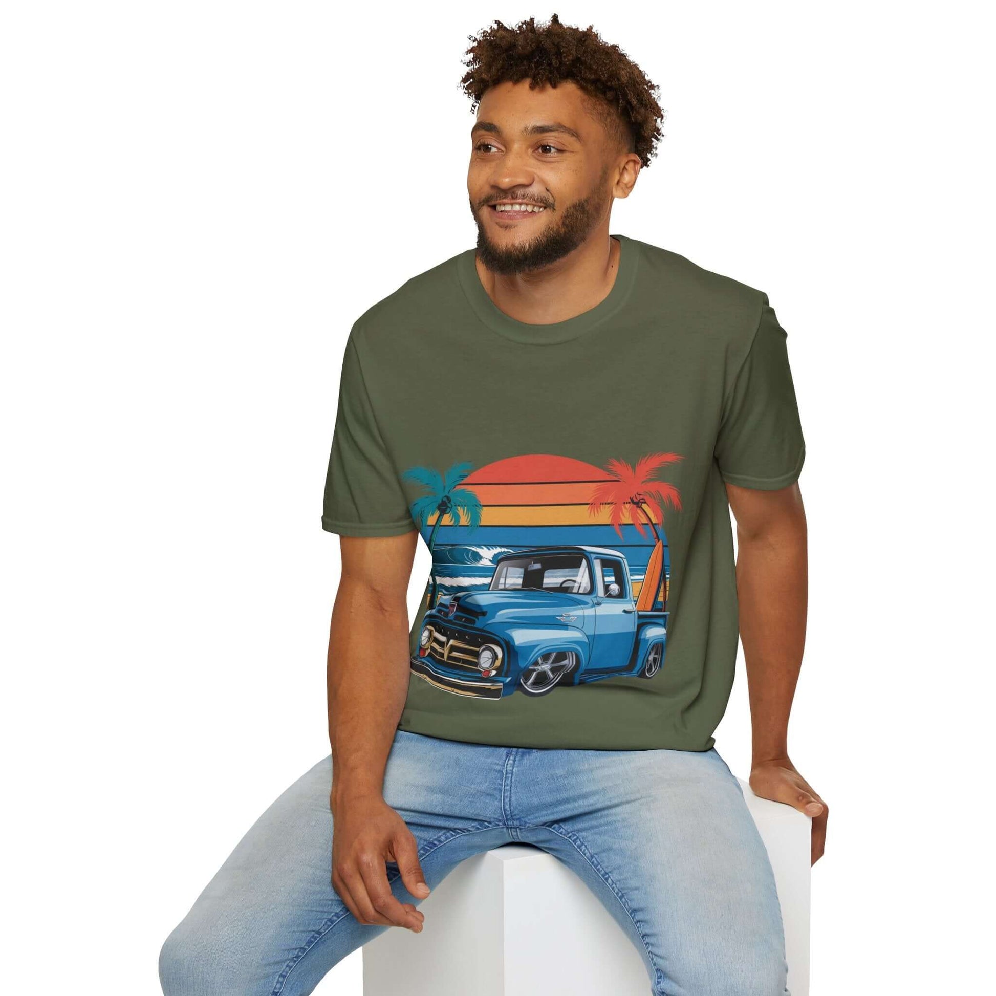 T-shirt with custom vintage pickup truck design, sunset beach vibe, perfect for car lovers.