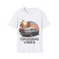 Cruising Vibes white Tee with retro sunset beach design and American muscle car, perfect for laid-back car lovers.