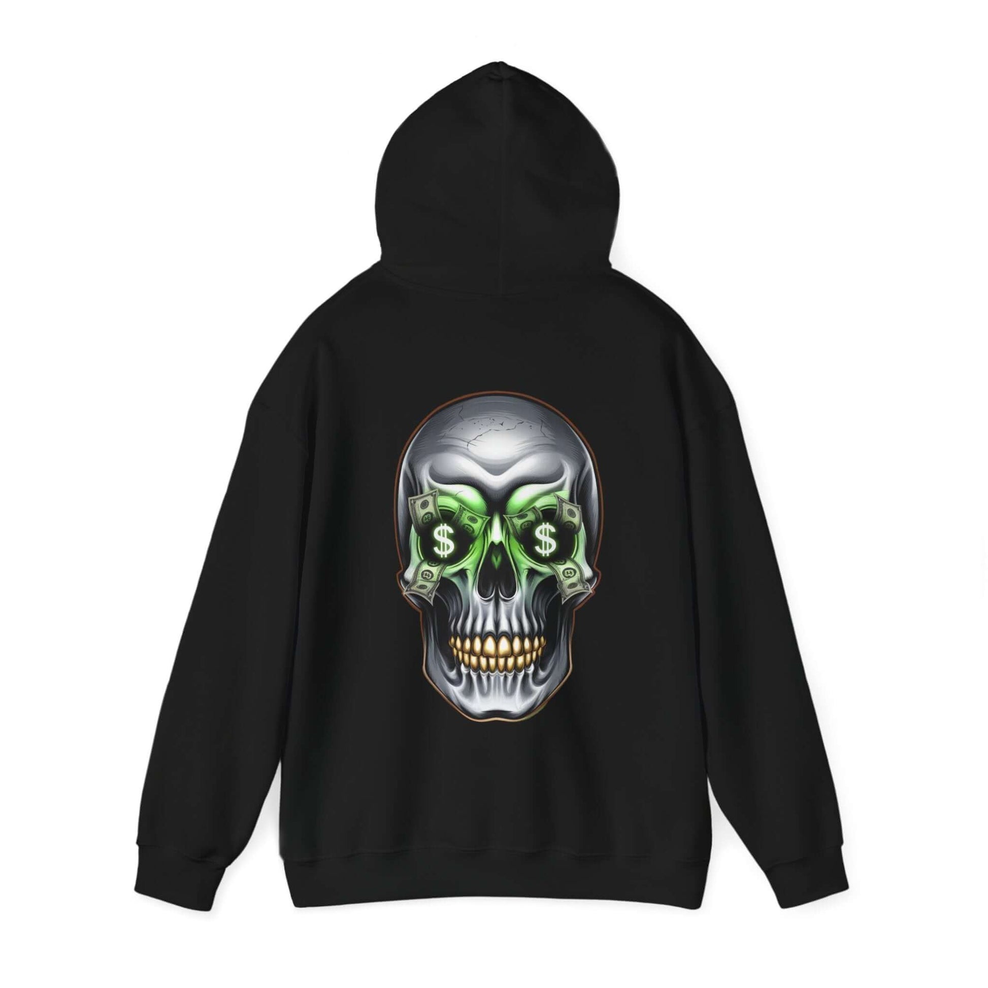 Cool skull hoodie design with dollar bills in eye sockets, portraying an edgy streetwear vibe.