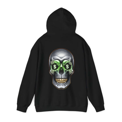 Cool skull hoodie design with dollar bills in eye sockets, portraying an edgy streetwear vibe.