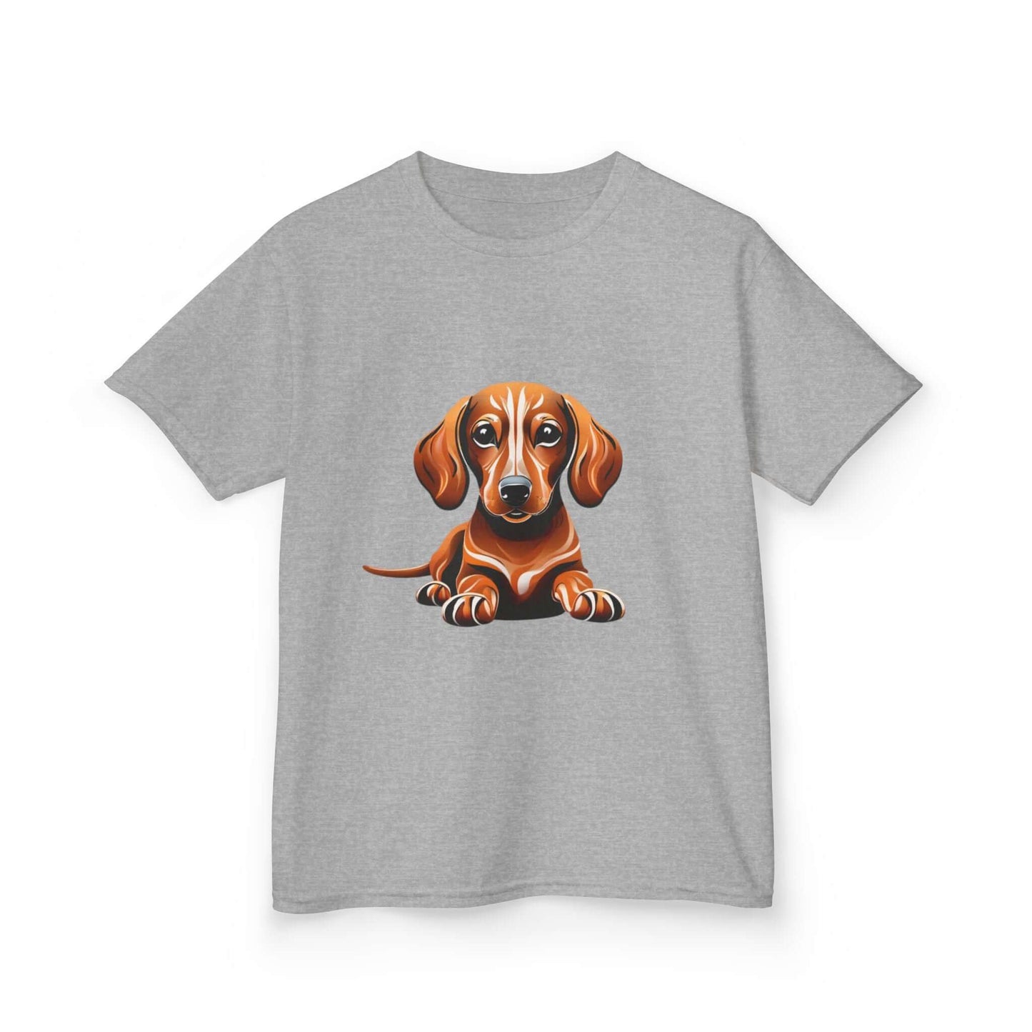 Tan Dachshund puppy graphic on grey Kid's Tee, perfect for dog lovers and animal enthusiasts.