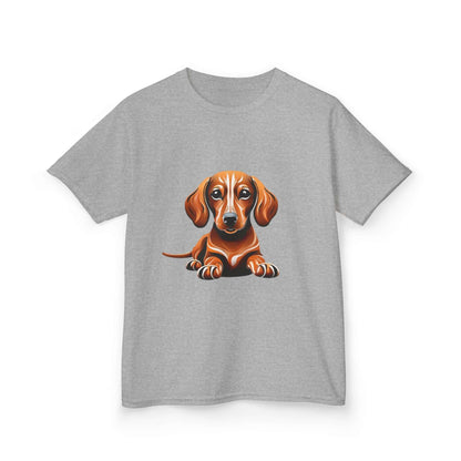 Tan Dachshund puppy graphic on grey Kid's Tee, perfect for dog lovers and animal enthusiasts.