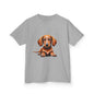 Tan Dachshund puppy graphic on grey Kid's Tee, perfect for dog lovers and animal enthusiasts.