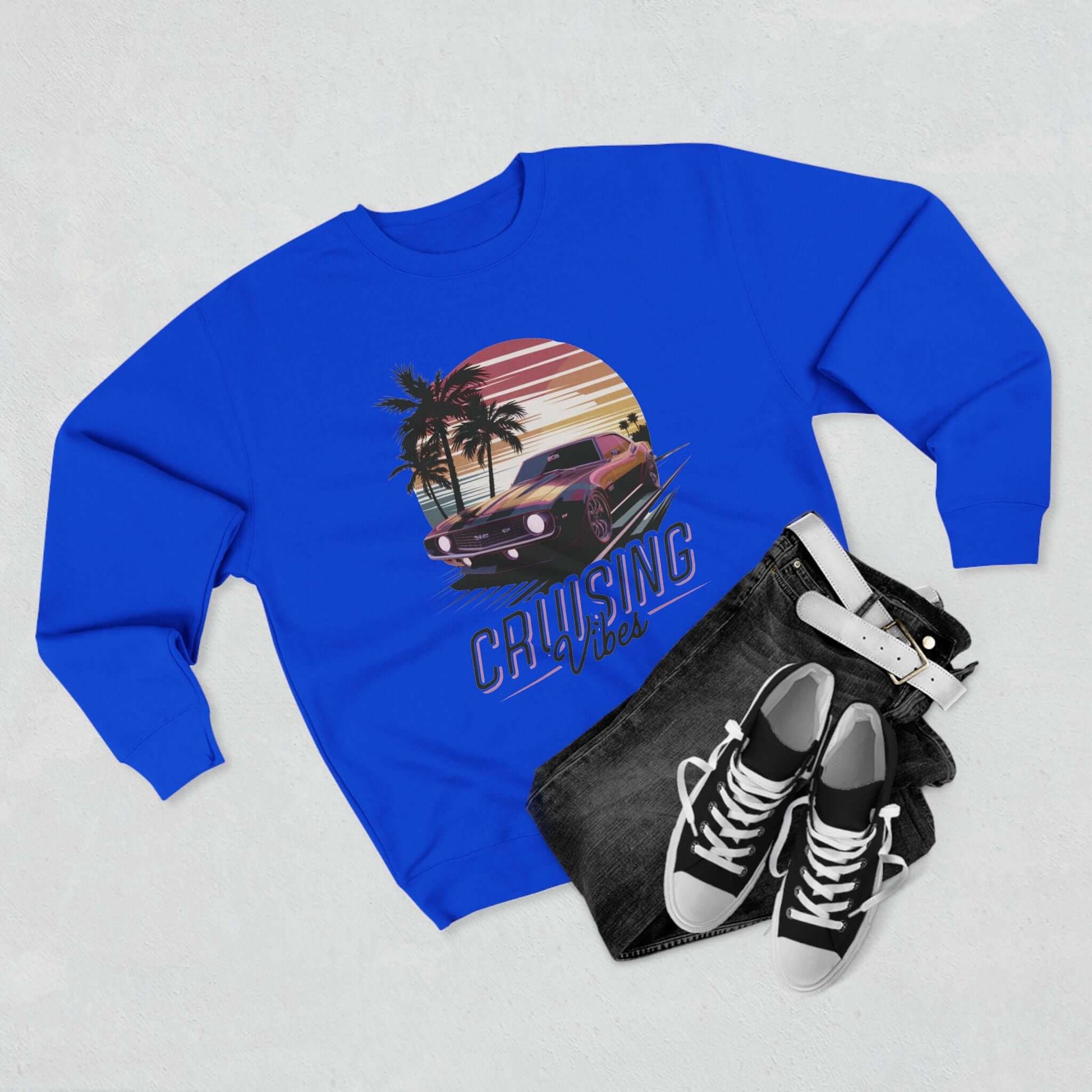 Blue Vintage muscle car sunset Sweatshirt with 'Cruising Vibes' text and tropical design, perfect jumper for casual winter wear and retro car enthusiasts.