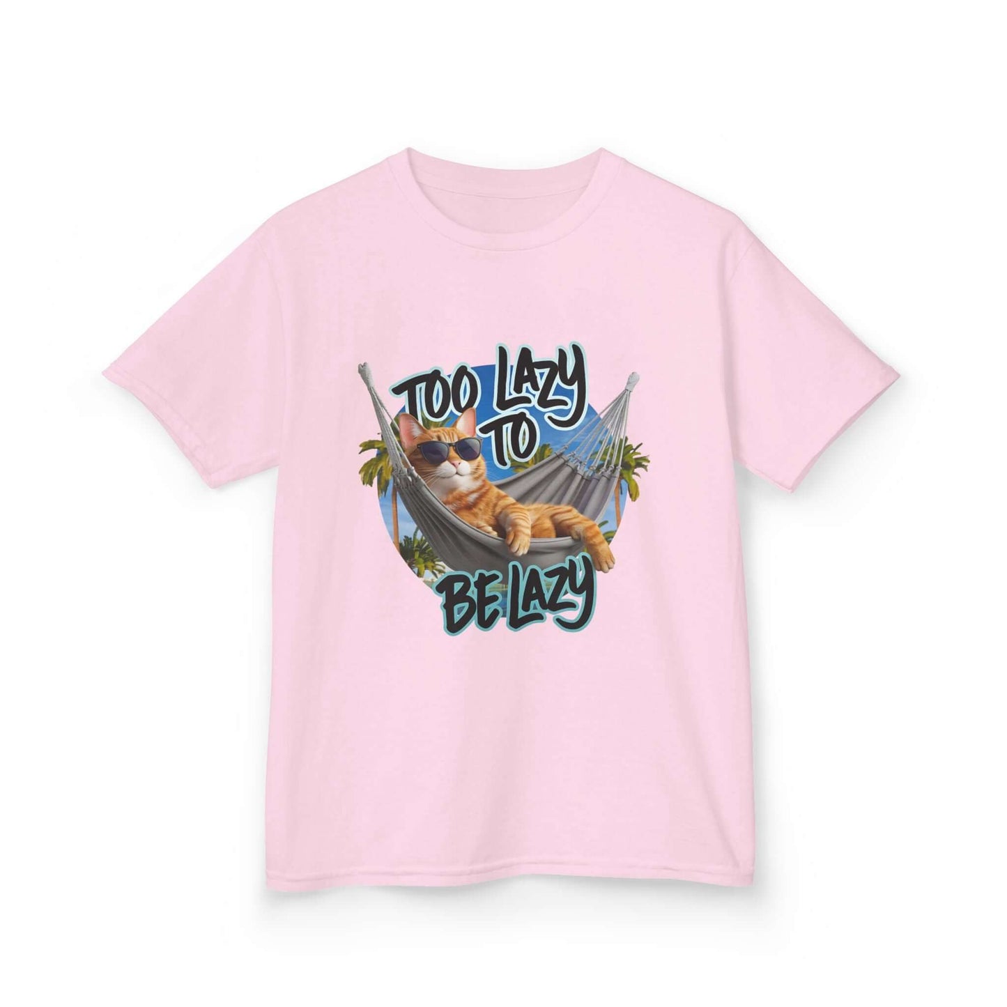 Kids tee featuring lazy cat at the beach design and text 'Too Lazy to be Lazy' for relaxed summer vibes.