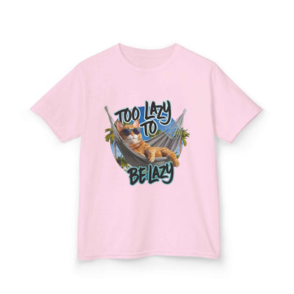 Kids tee featuring lazy cat at the beach design and text 'Too Lazy to be Lazy' for relaxed summer vibes.