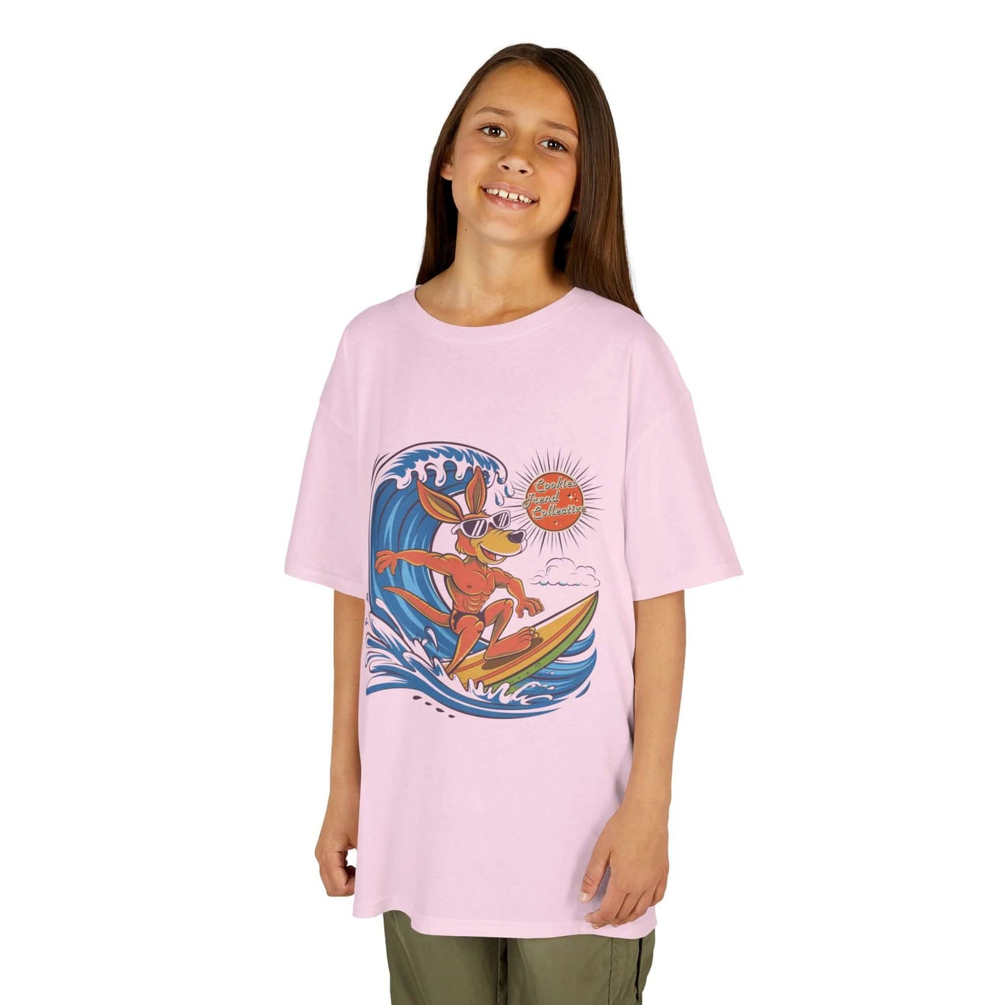 Cool kangaroo surfing a wave design on light pink Kid's Tee for beach lovers and surfing families.