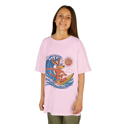 Cool kangaroo surfing a wave design on light pink Kid's Tee for beach lovers and surfing families.