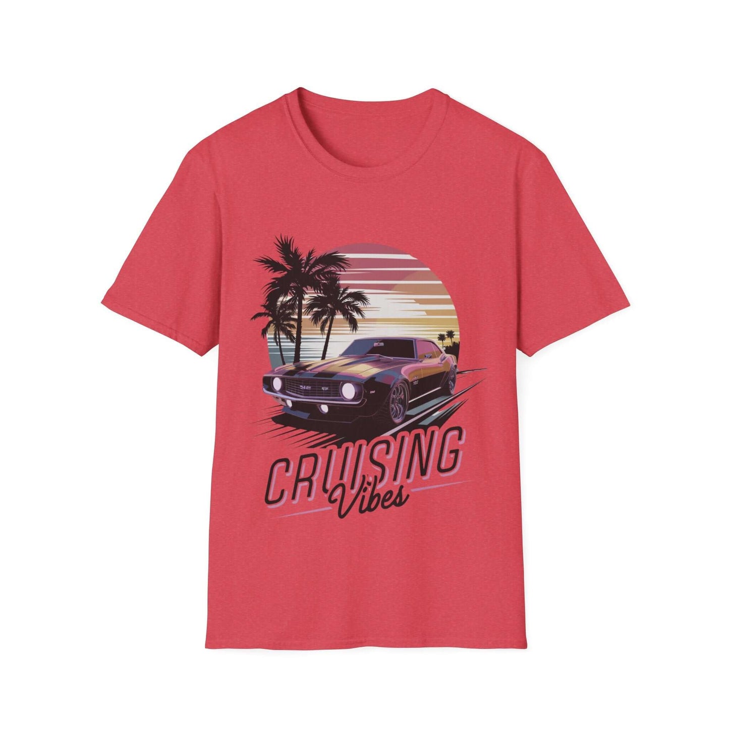 Vintage muscle car sunset T-shirt with 'Cruising Vibes' text and palm trees in vibrant colors. Perfect for retro enthusiasts.