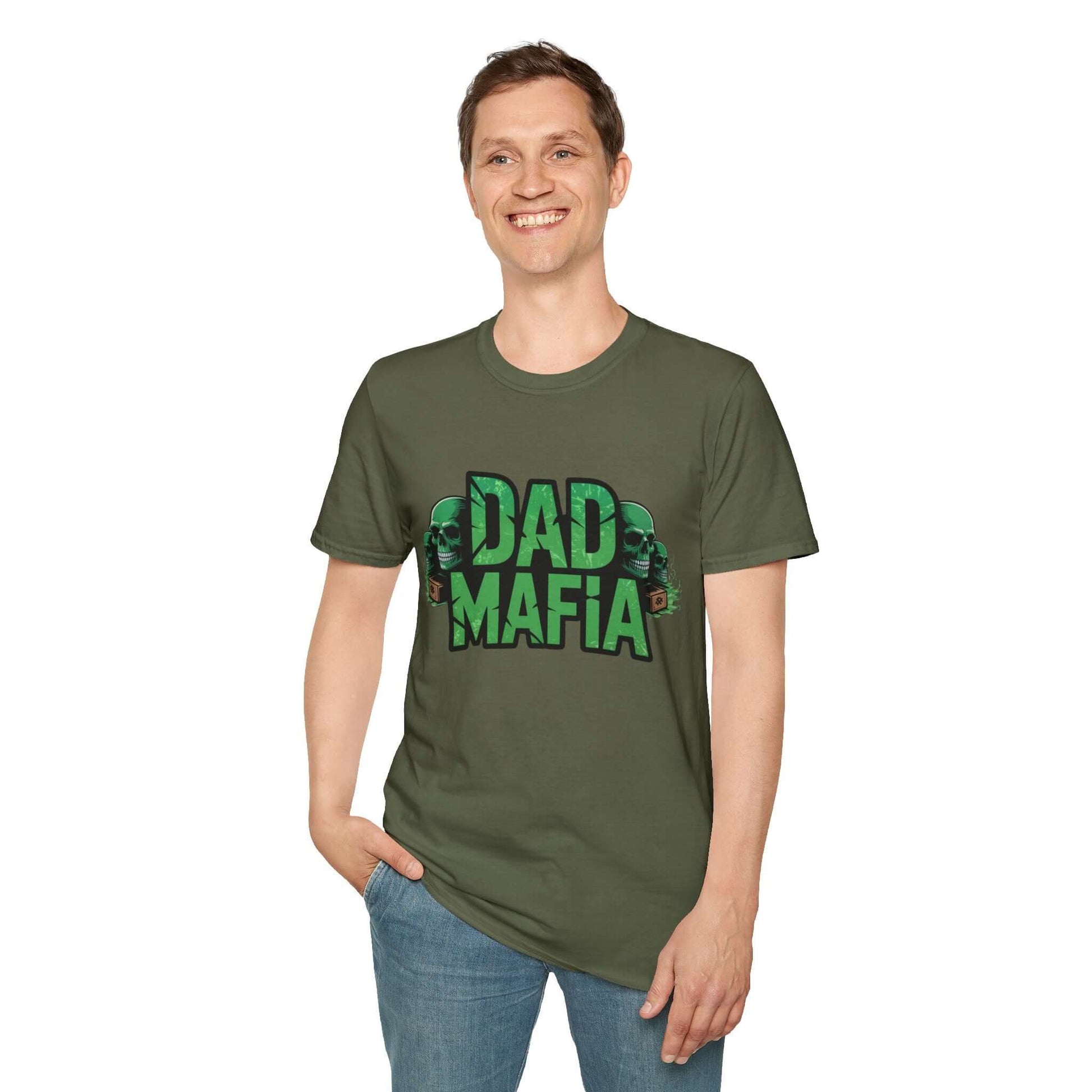 A man wearing a DAD MAFIA unisex T-shirt with distressed black lettering and neon green skull accents.