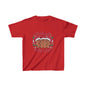 Kids T-shirt in red featuring gingerbread men and 'Baked with Love' typography for festive Christmas cheer.