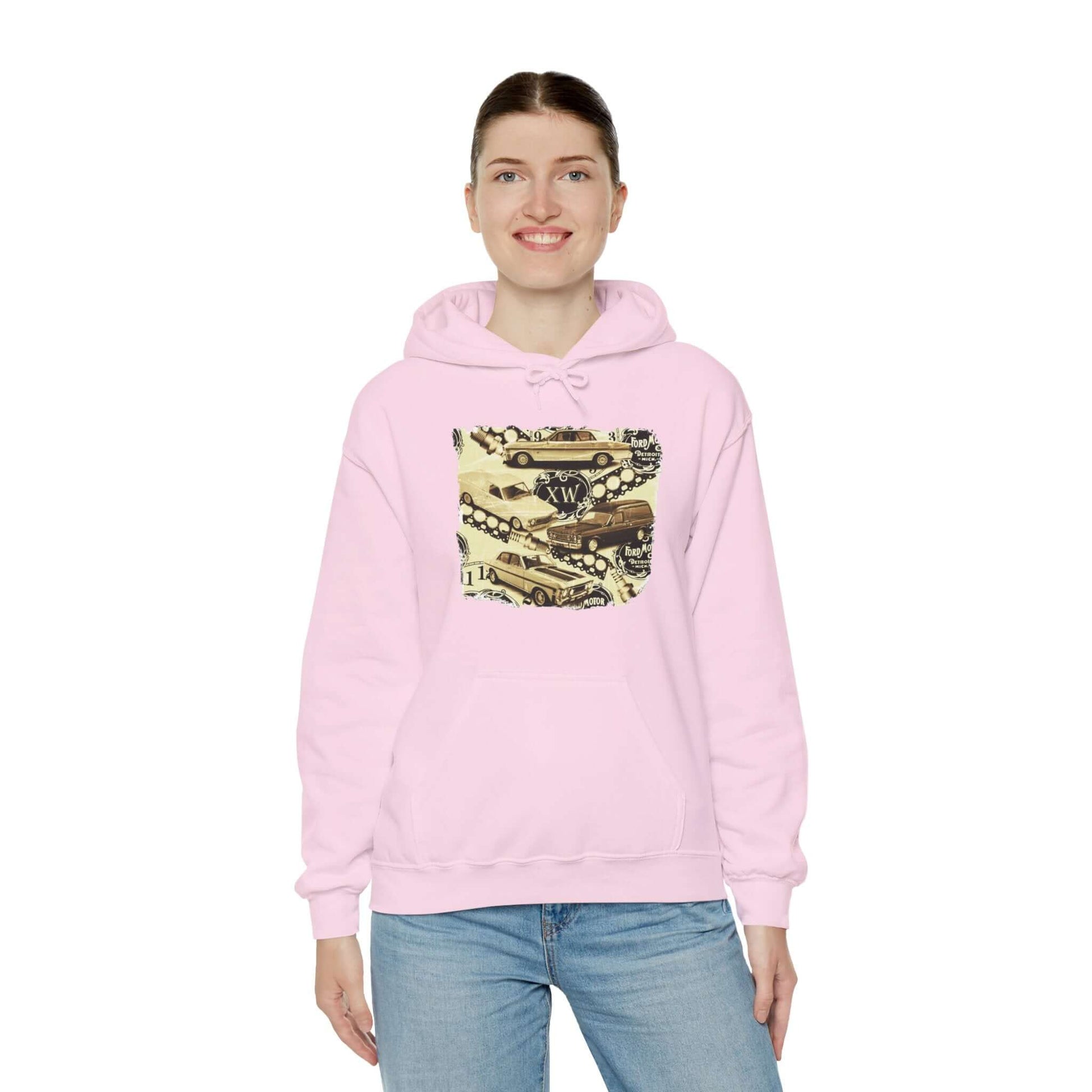 Vintage Ford hoodie featuring iconic XW Falcon design, perfect for classic car enthusiasts.