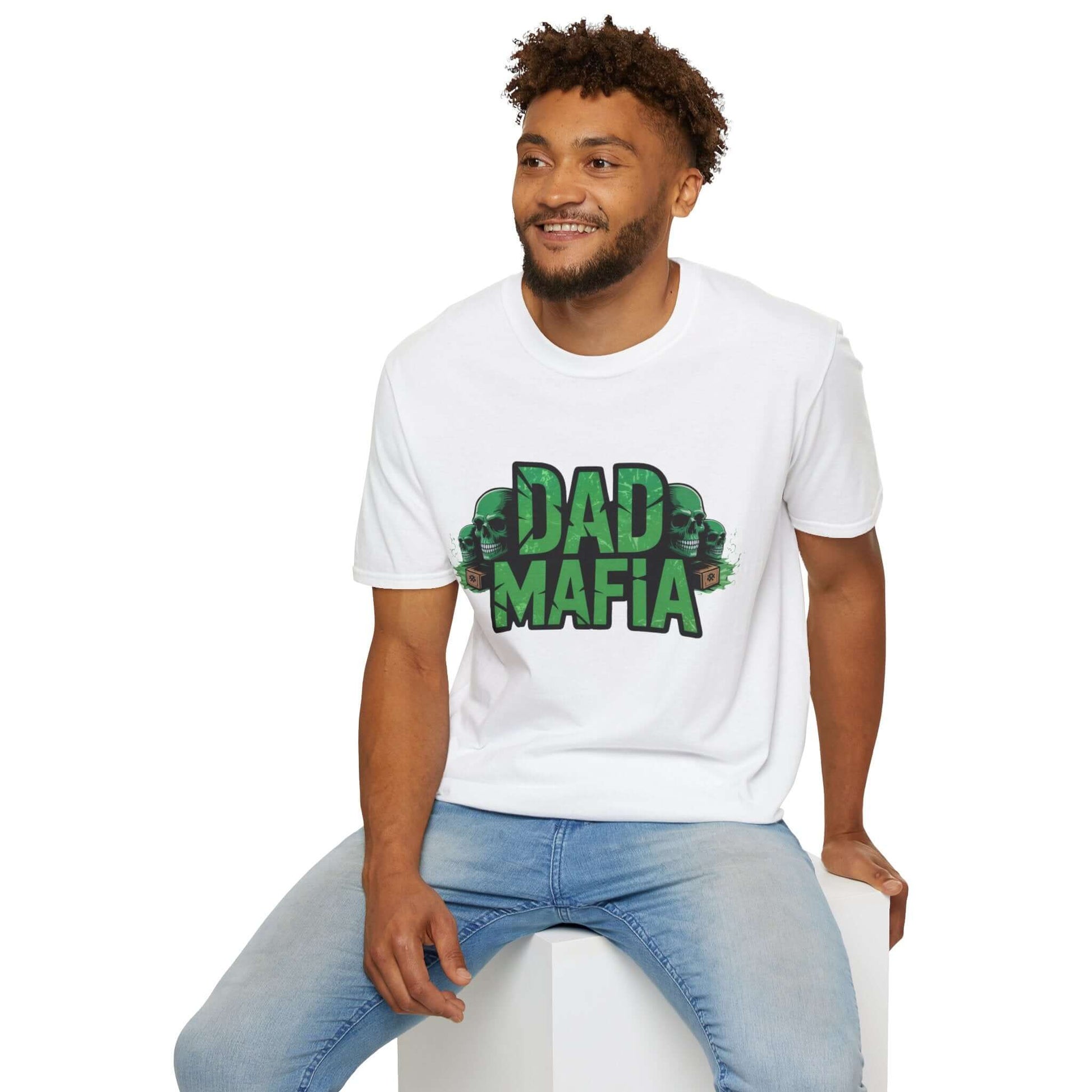 Model wearing a bold unisex DAD MAFIA T-Shirt with neon green accents and stylized skulls.