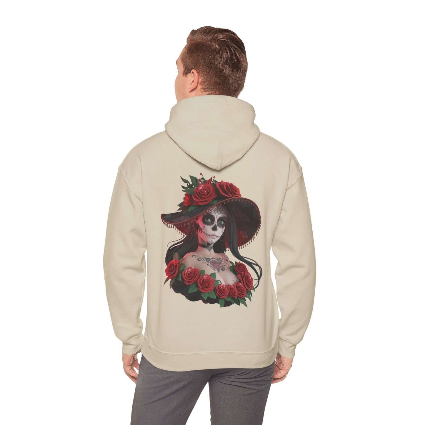 Chibi sugar skull woman hoodie featuring a woman with roses, ideal for Halloween and Day of the Dead festivities.