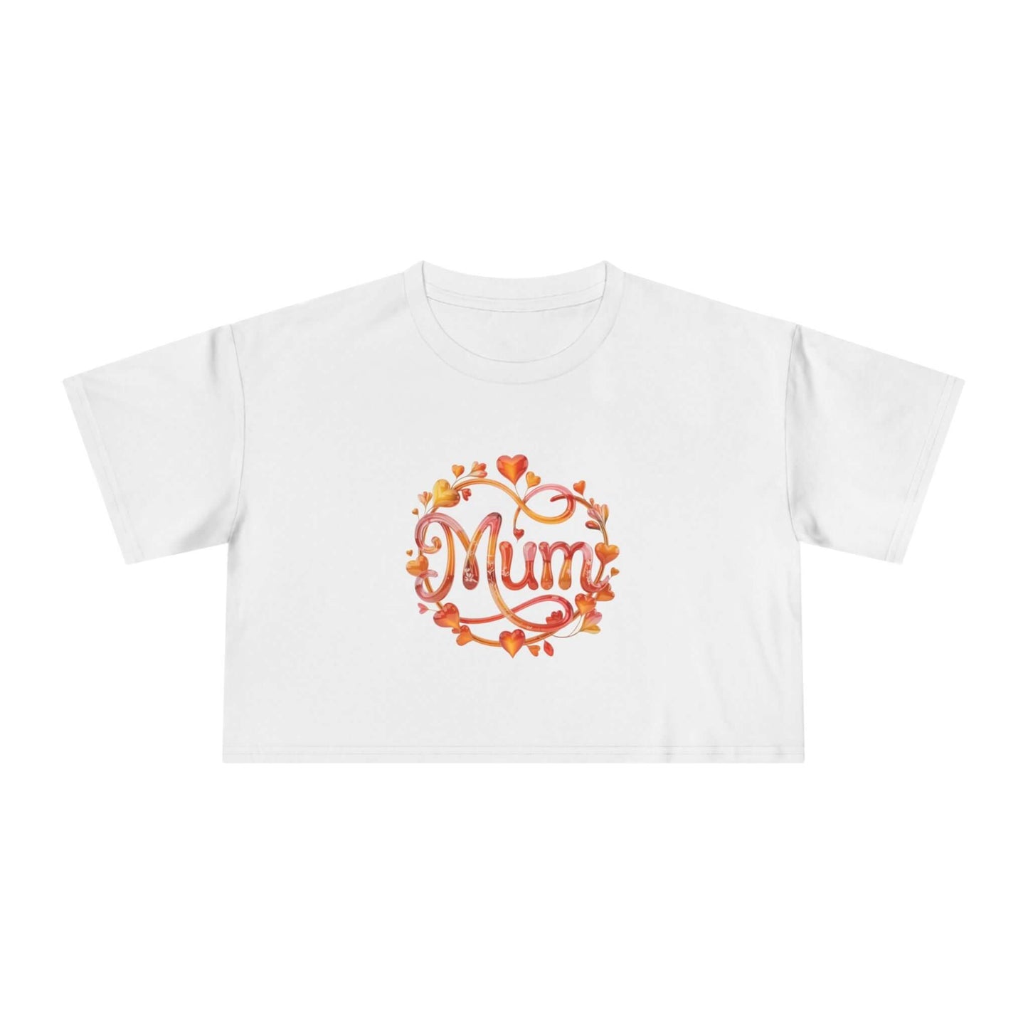 Cool white women's crop tee featuring 'Mum' in shimmering translucent floral and heart design, perfect for Mother's Day.