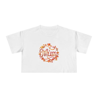 Cool white women's crop tee featuring 'Mum' in shimmering translucent floral and heart design, perfect for Mother's Day.