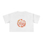 Cool white women's crop tee featuring 'Mum' in shimmering translucent floral and heart design, perfect for Mother's Day.
